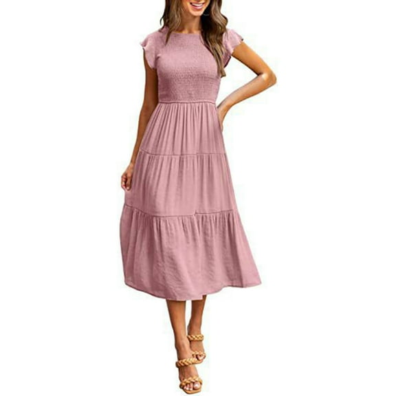Lenpel Dresses for Women Casual Short Sleeve Crew Neck Tiered A-Line Flowy Boho Dresses Summer Midi Dresses