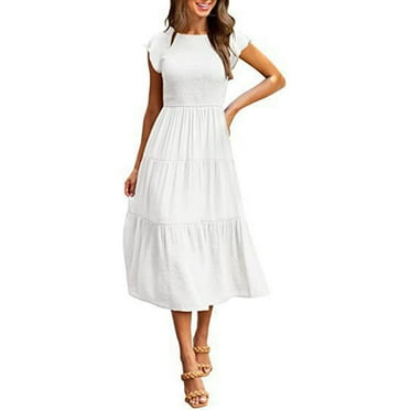 Lenpel Dresses for Women Casual Short Sleeve Crew Neck Tiered A-Line Flowy Boho Dresses Summer Midi Dresses