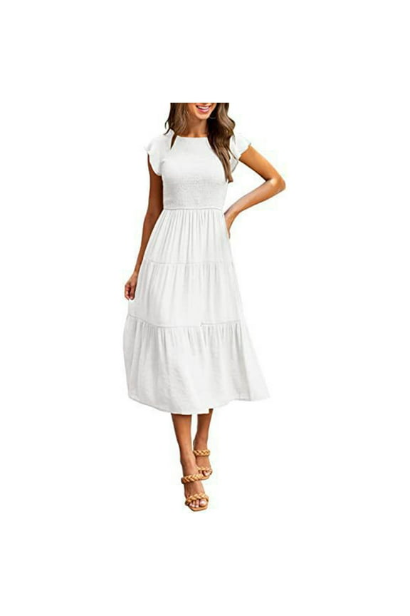 Dresses for Women Casual Short Sleeve Crew Neck Tiered A-Line Flowy Boho Dresses Summer Midi Dresses