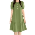 thumbnail image 1 of Lenpel Dresses for Women Trendy Button Crew Neck Short Sleeve Knee Length Midi Dresses Casual Loose Ruffle Hem T Shirt Dresses, 1 of 6