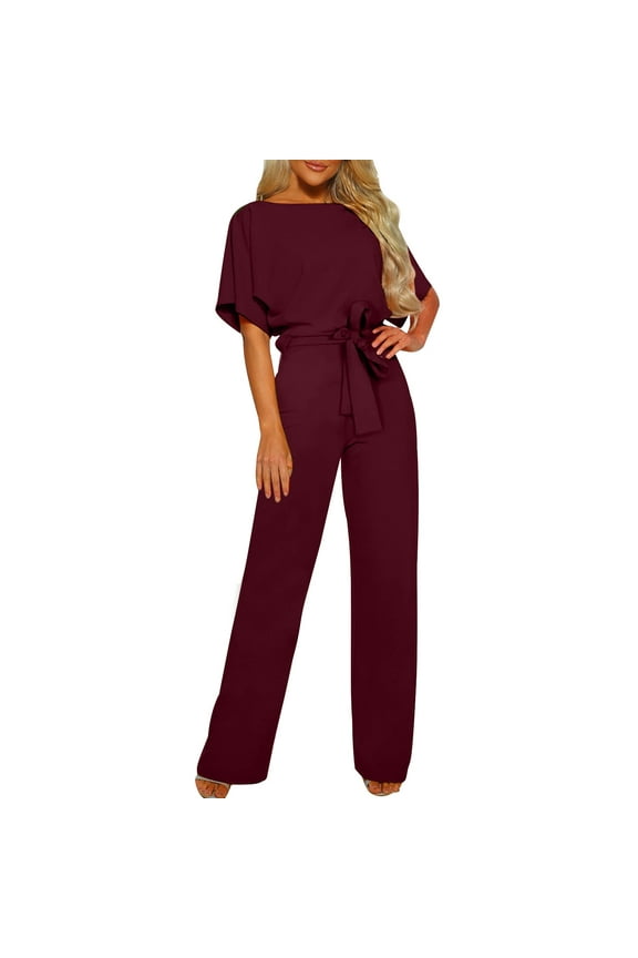 Elegant Jumpsuits for Women Short Sleeve Crew Neck Belted Wide Leg Overalls Lounge Button Back Rompers