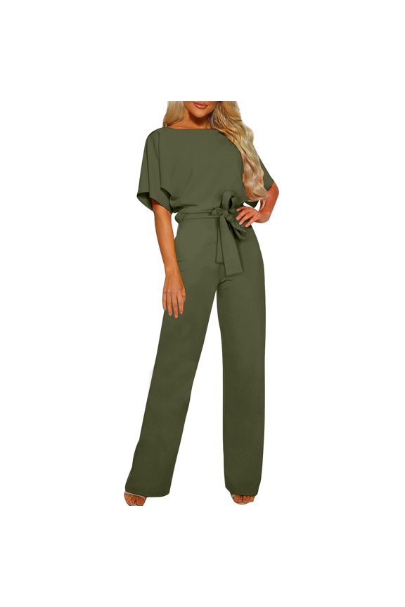 Elegant Jumpsuits for Women Short Sleeve Crew Neck Belted Wide Leg Overalls Lounge Button Back Rompers