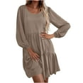 thumbnail image 1 of Lenpel Fall Dresses for Women Long Sleeve Crew Neck Tiered Solid Color Casual Tunic Dress Babydoll Mini Dress, 1 of 6