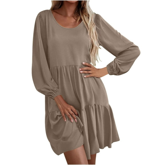 Lenpel Fall Dresses for Women Long Sleeve Crew Neck Tiered Solid Color Casual Tunic Dress Babydoll Mini Dress