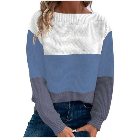 Lenpel Fall Sweaters for Women Boat Neck Long Sleeve Color Block Knit Tops Comfy Casual Loose Sweater Blouses