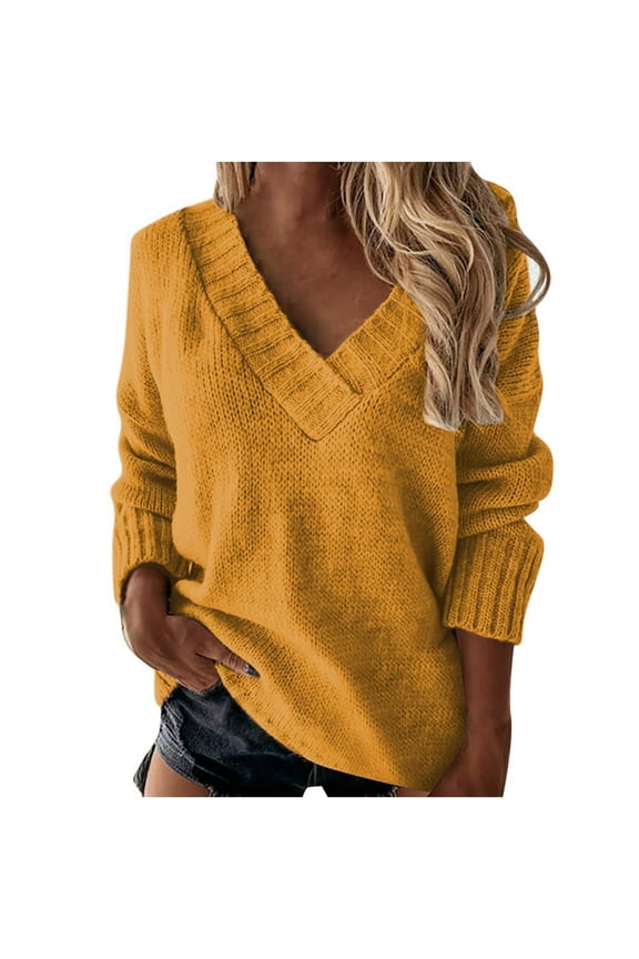 Fall Sweaters for Women Trendy V Neck Long Sleeve Solid Knitted Pullover Tops Loose Casual Blouses