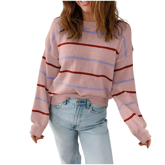 Lenpel Fall Sweaters for Women Fashion Crew Neck Long Sleeve Striped Knitted Pullover Sweater Tops Casual Loose Sweaters(Pink,Medium)
