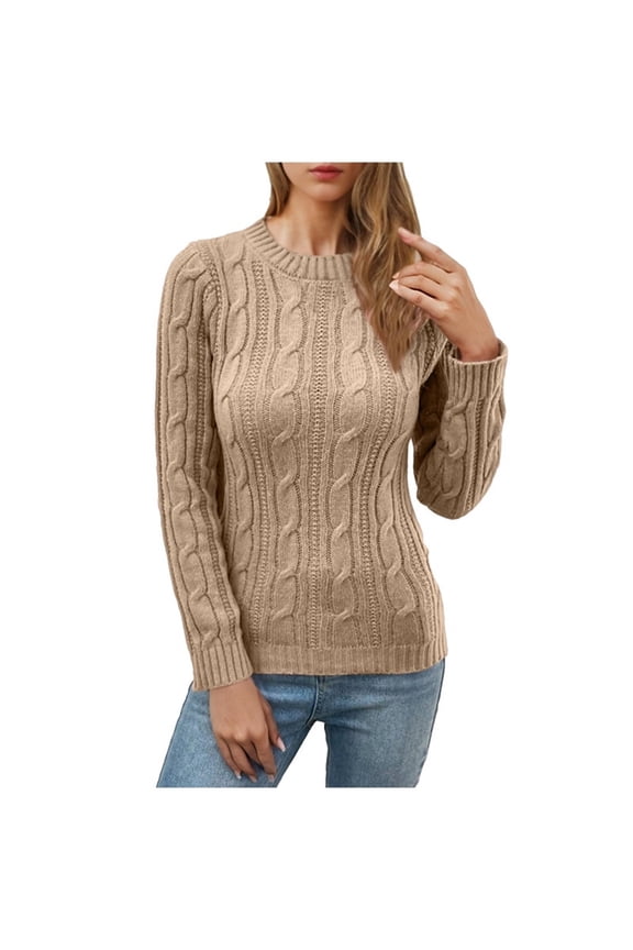 Fall Sweaters for Women Soft Casual Long Sleeve Crew Neck Slim Cable Knit Pullover Tops Winter Fashion Basic Sweaters(Khaki,Medium)