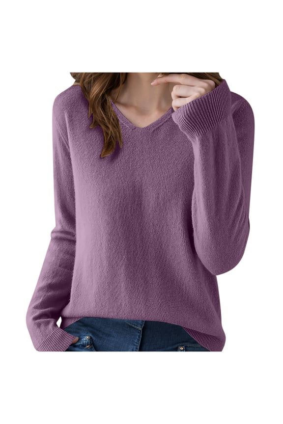 Fall Sweaters for Women Winter Fashion Long Sleeve V Neck Soft Casual Basic Knit Tops Lightweight Pullover Sweaters(Purple,Small)