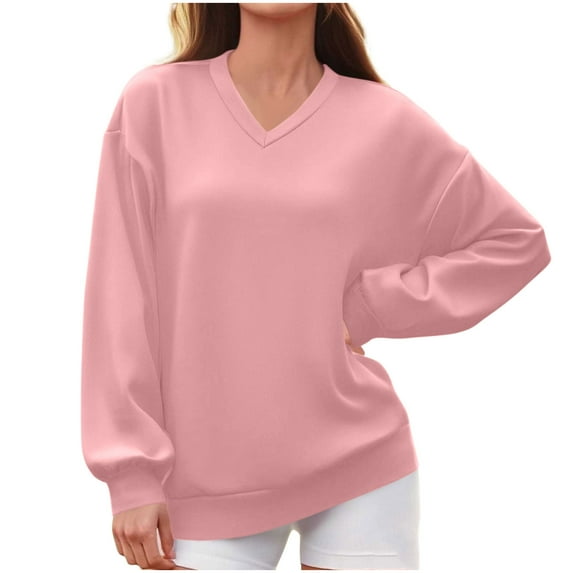Lenpel Fall Sweatshirts for Women Trendy V Neck Long Sleeve Solid Color Casual Loose Pullover Tops Spring Fashion Clothes(Pink,Medium)