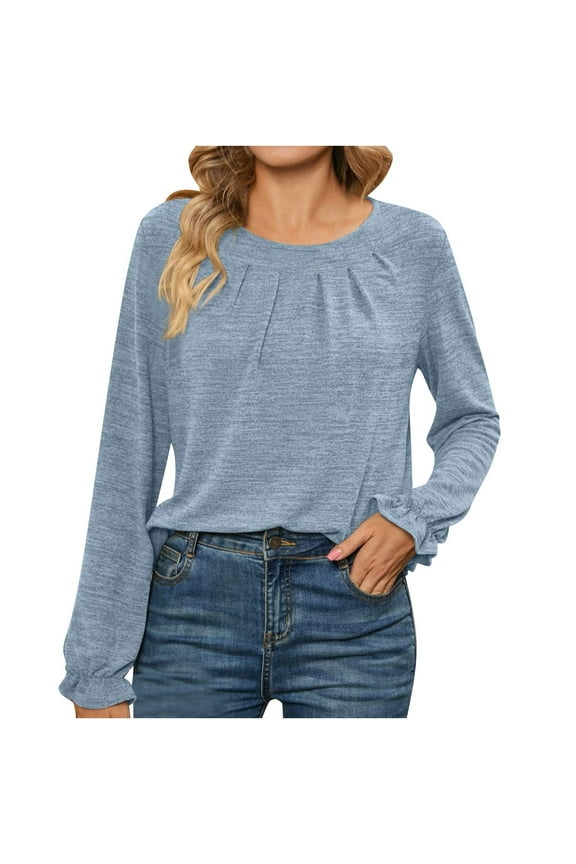 Fall Tops for Women Ruffle Long Sleeve Pleated Crew Neck Tee Shirts Soft Casual Solid Color Tunic Blouse