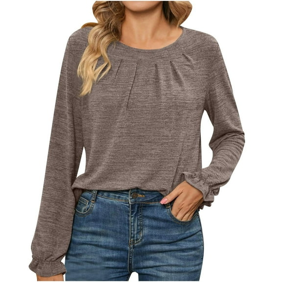 Lenpel Fall Tops for Women Ruffle Long Sleeve Pleated Crew Neck Tee Shirts Soft Casual Solid Color Tunic Blouse