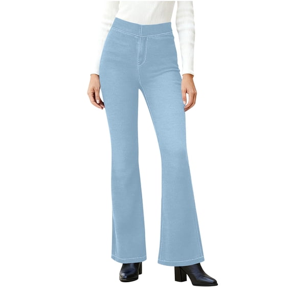 Lenpel Flare Jean Leggings for Women High Waisted Stretchy Pull on Bell Bottom Work Dress Pants Bootcut Business Casual Pants(Light Blue,Medium)