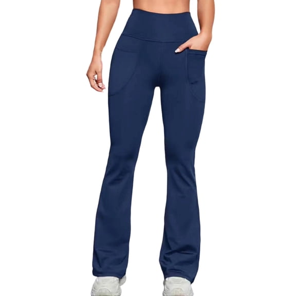 Lenpel Flare Leggings for Women High Waisted Stretchy Pull on Bell Bottom Work Dress Pants Bootcut Yoga Pants with Pockets(Navy,X-Large)