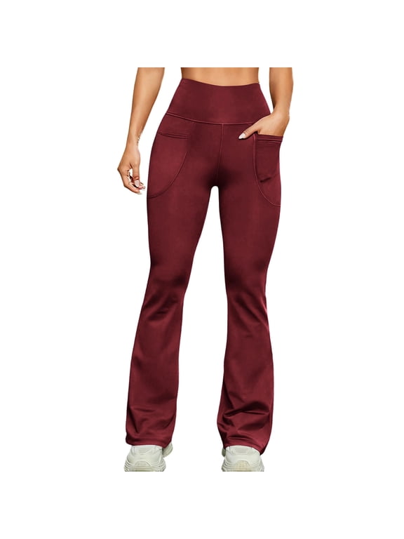 Flare Leggings for Women High Waisted Stretchy Pull on Bell Bottom Work Dress Pants Bootcut Yoga Pants with Pockets(Wine,Small)