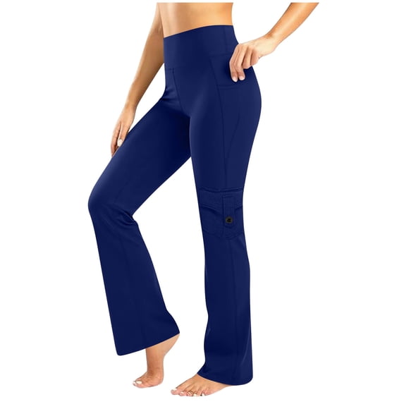 Lenpel Flare Leggings for Women Soft Comfy High Waisted Cargo Workout Yoga Pants Bootcut Athletic Casual Pants with Pockets(Blue,X-Large)