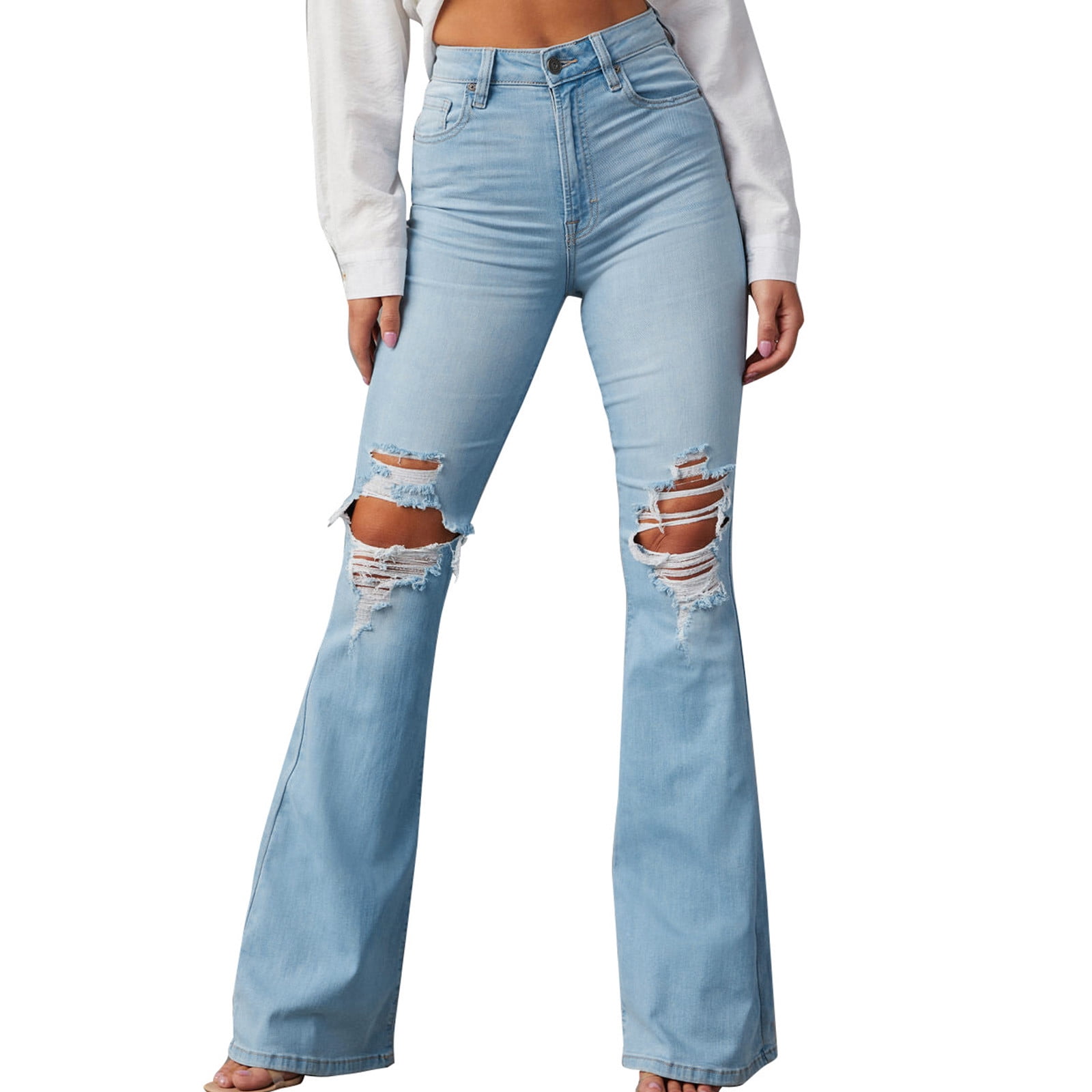 Casual Street Solid Ripped Split Joint Boot Cut Bottoms Casual Street Solid Ripped Split Joint Boot Cut Bottoms