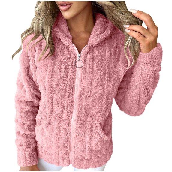Lenpel Fleece Jackets for Women 2024 Fashion Solid Color Zip up Hooded Fuzzy Warm Coat Plush Fall Winter Outwear