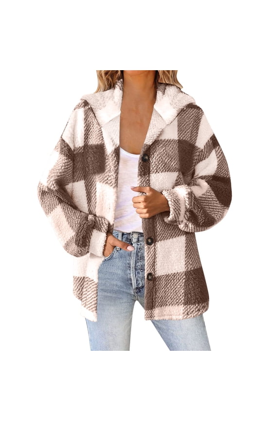 Fleece Jackets for Women Plaid Long Sleeve Button down Fuzzy Warm Hooded Shackets Plus Size Fall Winter Coats