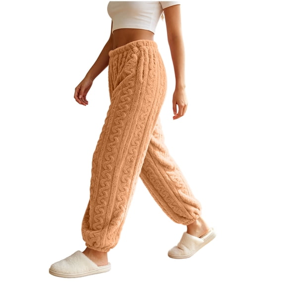 Lenpel Fleece Joggers for Women Lounge High Waisted Plush Fluffy Pajama Pants Solid Color Casual Loose House Trousers Winter Warm Clothes(Khaki,One Size)