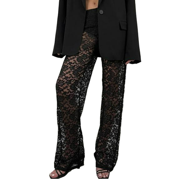 Lenpel Floral Lace Mesh Sheer Pants for Women Cover up Straight Leg Trousers Pants for Dance Festival Clubwear