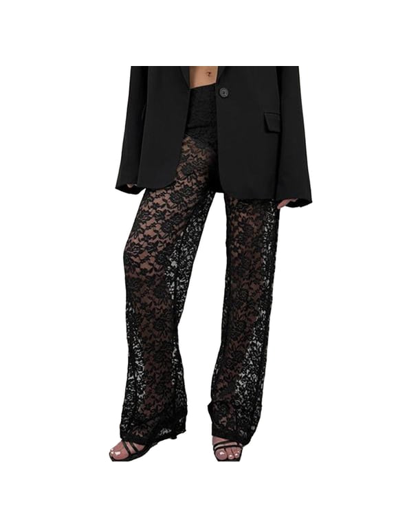 Floral Lace Mesh Sheer Pants for Women Cover up Straight Leg Trousers Pants for Dance Festival Clubwear