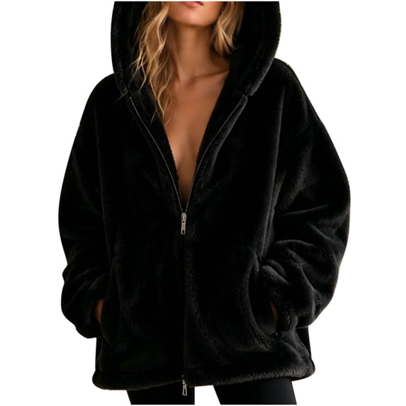 Lenpel Fluffy Hooded Coats for Women Full Zip Long Sleeve Warm Plush Jackets with Pockets Cute Thermal Fleece Winter Fall Clothes(Black,Medium)