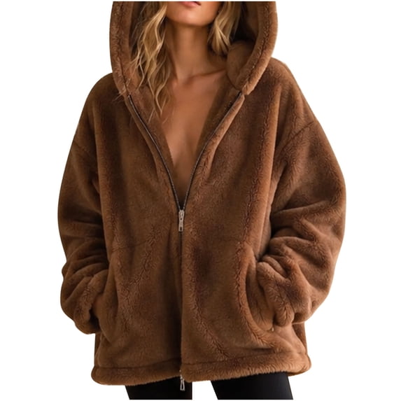 Lenpel Fluffy Hooded Coats for Women Full Zip Long Sleeve Warm Plush Jackets with Pockets Cute Thermal Fleece Winter Fall Clothes(Coffee,Small)