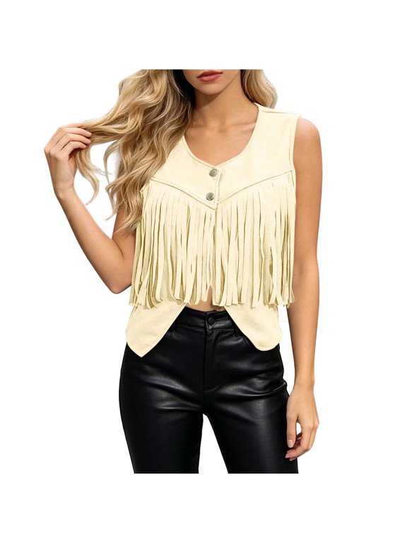 Fringe Vest for Women Suede Sleeveless V Neck Tassel Jackets Fashion Button Cowgirl Waistcoat Hippie Outfits(Beige,Large)