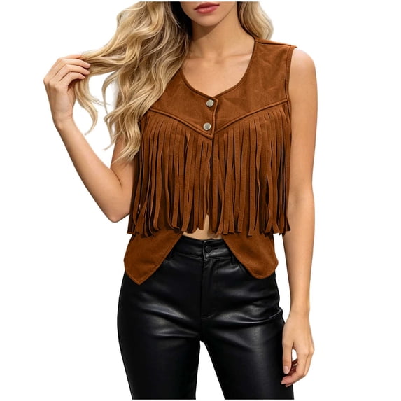 Lenpel Fringe Vest for Women Suede Sleeveless V Neck Tassel Jackets Fashion Button Cowgirl Waistcoat Hippie Outfits(Khaki,Large)