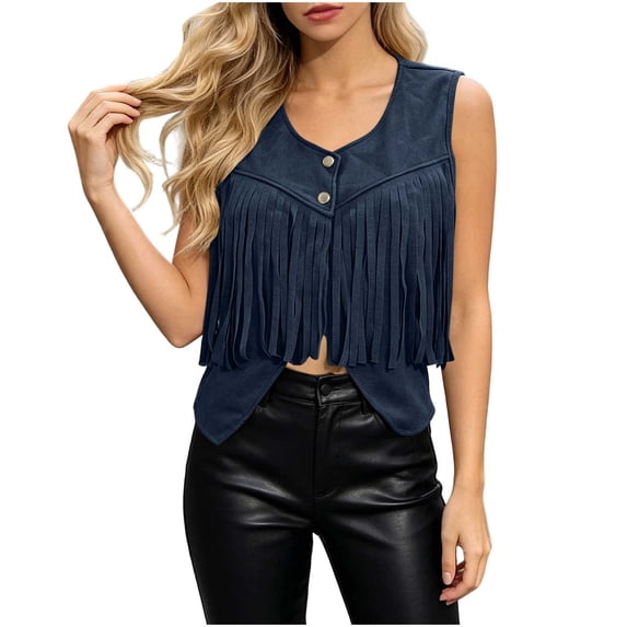 Lenpel Fringe Vest for Women Suede Sleeveless V Neck Tassel Jackets Fashion Button Cowgirl Waistcoat Hippie Outfits(Navy,X-Large)