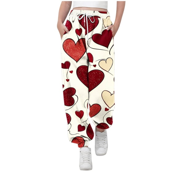 Lenpel Girls' Baggy Joggers Kids Elastic High Waisted Drawstring Heart Printed Cinch Bottom Sweatpants Athletic Casual Pants(Multicolor,13-14 Years)