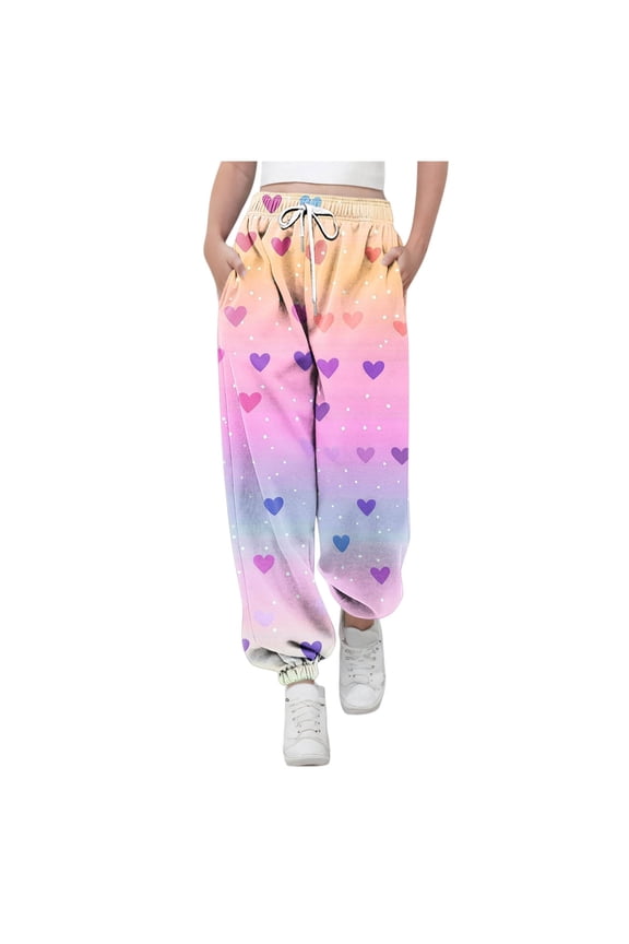 Girls' Baggy Joggers Kids Elastic High Waisted Drawstring Heart Printed Cinch Bottom Sweatpants Athletic Casual Pants(Multicolor,9-10 Years)
