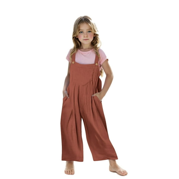 Lenpel Girls' Bib Overalls Baggy Sleeveless Strap Pleated Wide Leg Rompers Casual Loose Jumpsuits with Pockets(Brown,13-14 Years)