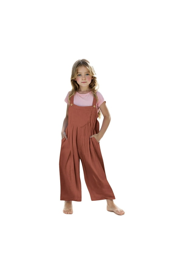 Girls' Bib Overalls Baggy Sleeveless Strap Pleated Wide Leg Rompers Casual Loose Jumpsuits with Pockets(Brown,13-14 Years)