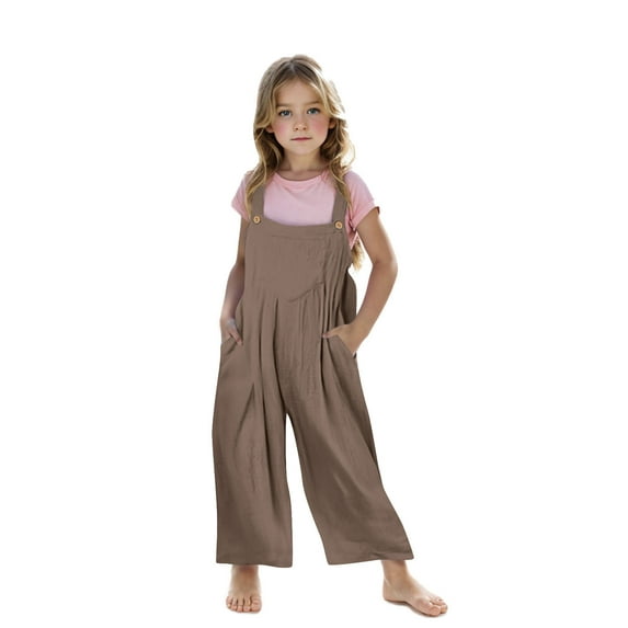 Lenpel Girls' Bib Overalls Baggy Sleeveless Strap Pleated Wide Leg Rompers Casual Loose Jumpsuits with Pockets(Coffee,5-6 Years)
