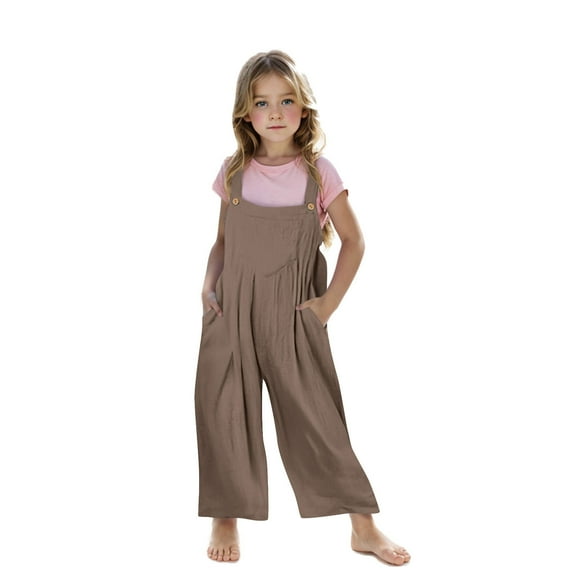 Lenpel Girls' Bib Overalls Baggy Sleeveless Strap Pleated Wide Leg Rompers Casual Loose Jumpsuits with Pockets(Coffee,7-8 Years)