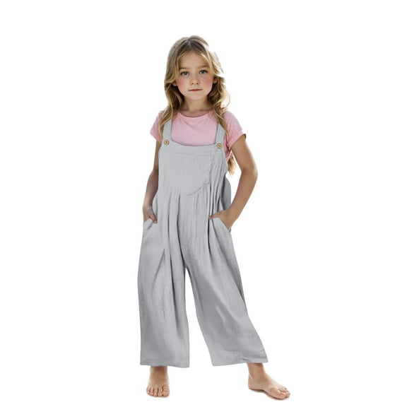 Lenpel Girls' Bib Overalls Baggy Sleeveless Strap Pleated Wide Leg Rompers Casual Loose Jumpsuits with Pockets (Gray,11-12 Years)