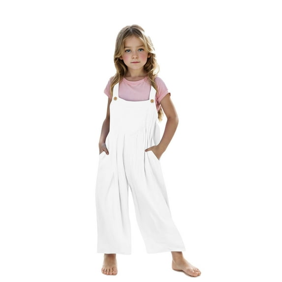 Lenpel Girls' Bib Overalls Baggy Sleeveless Strap Pleated Wide Leg Rompers Casual Loose Jumpsuits with Pockets(White,9-10 Years)