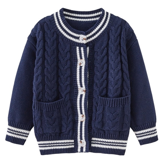 Lenpel Girls Boys' Cardigan Sweaters Long Sleeve Crewneck Striped Button down Cable Knit Cardigans Casual Outwear Jackets(Dark Blue,4-5 Years)