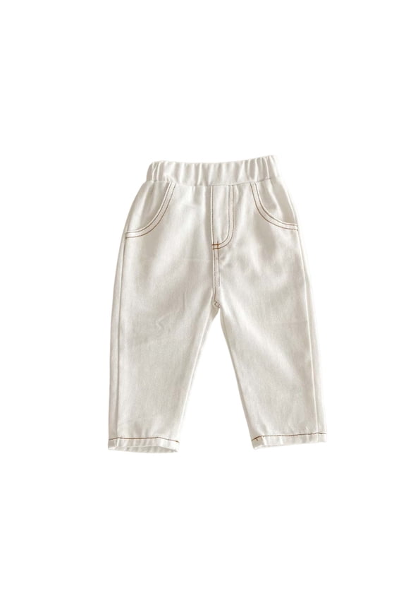 Girls Boys' Jeans Unisex Newborn Infant Soft Elastic Waist Pull on Pants Toddler Casual Pants with Pockets(White,0-1 Years)