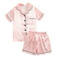 thumbnail image 1 of Lenpel Girls Boys Satin Pajamas Set Cute Short Sleeve Button down Printed Sleepwear Shorts 2 Pcs Summer Pj Sets, 1 of 7