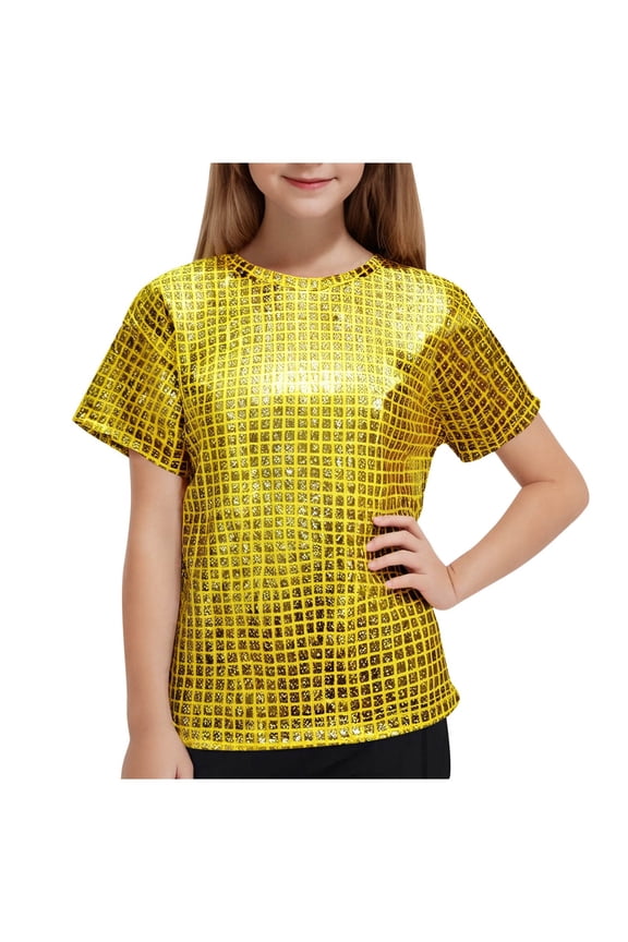 Girls Boys' Sparkly T-Shirts Short Sleeve Crew Neck Plaid Sequin Tops Festival Party Performance Shirts 3-16 Y