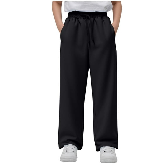 Lenpel Girls Boys' Sweatpants Children Cotton Elastic Waist Drawstring Wide Leg Lounge Pants Athletic Casual Trousers with Pockets(Black,7-8 Years)