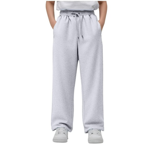 Lenpel Girls Boys' Sweatpants Children Cotton Elastic Waist Drawstring Wide Leg Lounge Pants Athletic Casual Trousers with Pockets(White,7-8 Years)