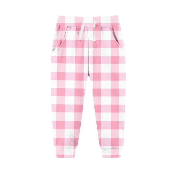 Lenpel Girls Boys' Sweatpants Unisex Children Elastic Waist Drawstring Plaid Athletic Jogger Pants Toddler Active Joggers(Pink,12-13 Years)