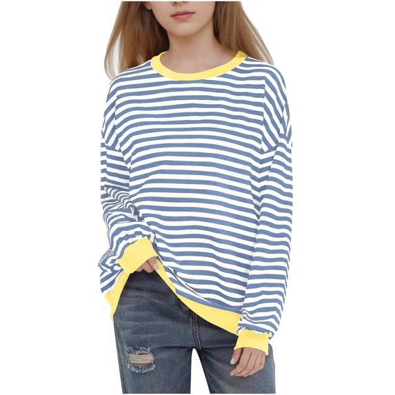 Lenpel Girls Boys' Sweatshirts Toddler Baby Casual Loose Long Sleeve Striped Pullover Tops Children Lightweight Sweatshirts(Blue,1-2 Years)