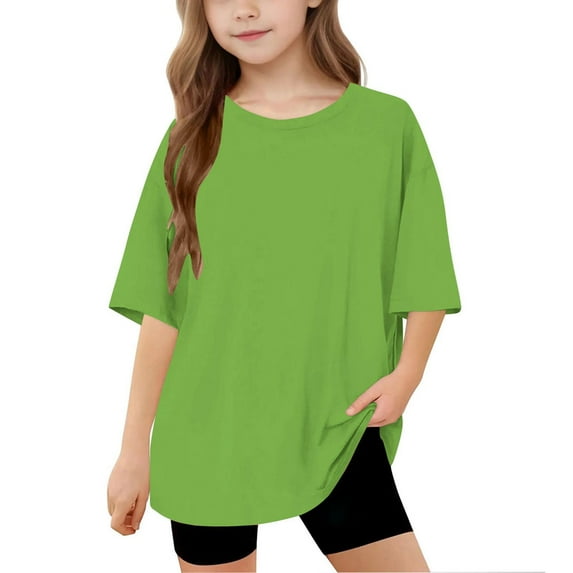 Lenpel Girls Boys' T Shirts Unisex Children Short Sleeve Crew Neck Solid Color Soft Casual Basic Tees Loose Summer Tops