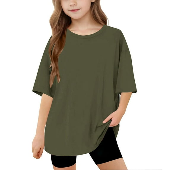 Lenpel Girls Boys' T Shirts Unisex Children Short Sleeve Crew Neck Solid Color Soft Casual Basic Tees Loose Summer Tops