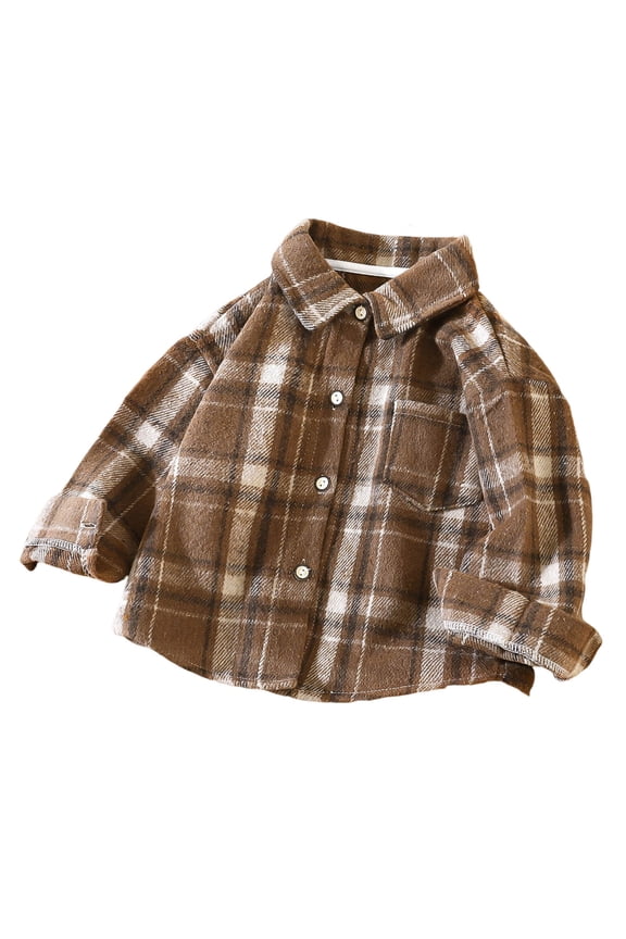 Girls' Button down Shirts Toddler Baby Long Sleeve Curved Hem Collared Plaid Shackets Children Shirt Jackets with Pockets(Brown,7-8 Years)